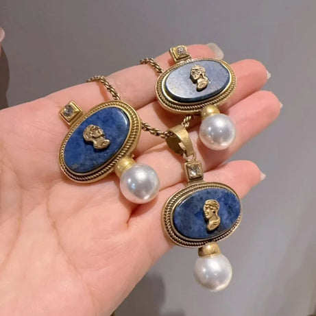 Vintage Cameo Jewelry Set Woman Avatar Pendent Pearl Necklace Lapis Lazuli Stud Earrings Blue Natural Stone Wedding Party 2026 - Charlie Dolly