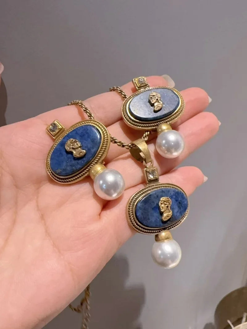Vintage Cameo Jewelry Set Woman Avatar Pendent Pearl Necklace Lapis Lazuli Stud Earrings Blue Natural Stone Wedding Party 2026