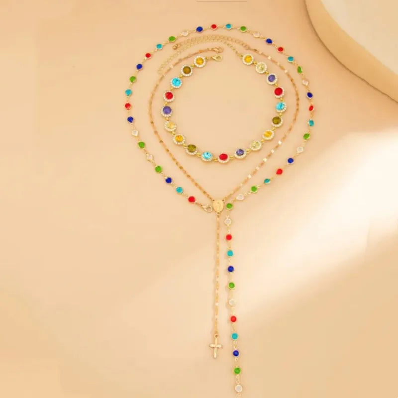 Colorful Rhinestone Multilayer Chain Necklace Set Jewelry