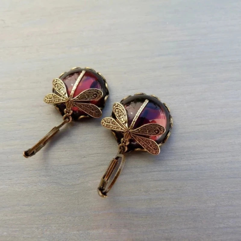 New Boho Vintage Crystal Dragonfly Earrings for Women Fashion Metal Carving Pattern Inlaid Moonstone Animal Earring Jewelry Gift