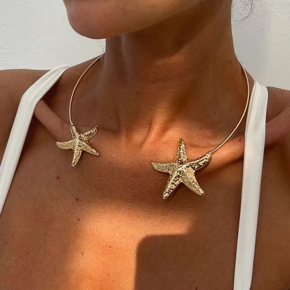Gold Color Starfish Shell Pendant Necklace Metal Neck Jewelry Choker Necklace Boho Jewelry Adjustable Open Torque Necklace Beach
