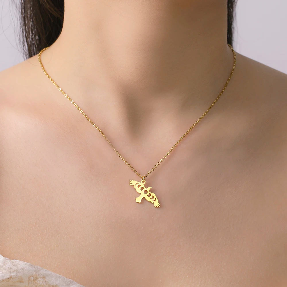 Dawapara Moon Phase Cutout Crow Necklace Earrings Ring Raven Jewelry Set Good Luck Mythical Creatures Pendant Stainless Steel