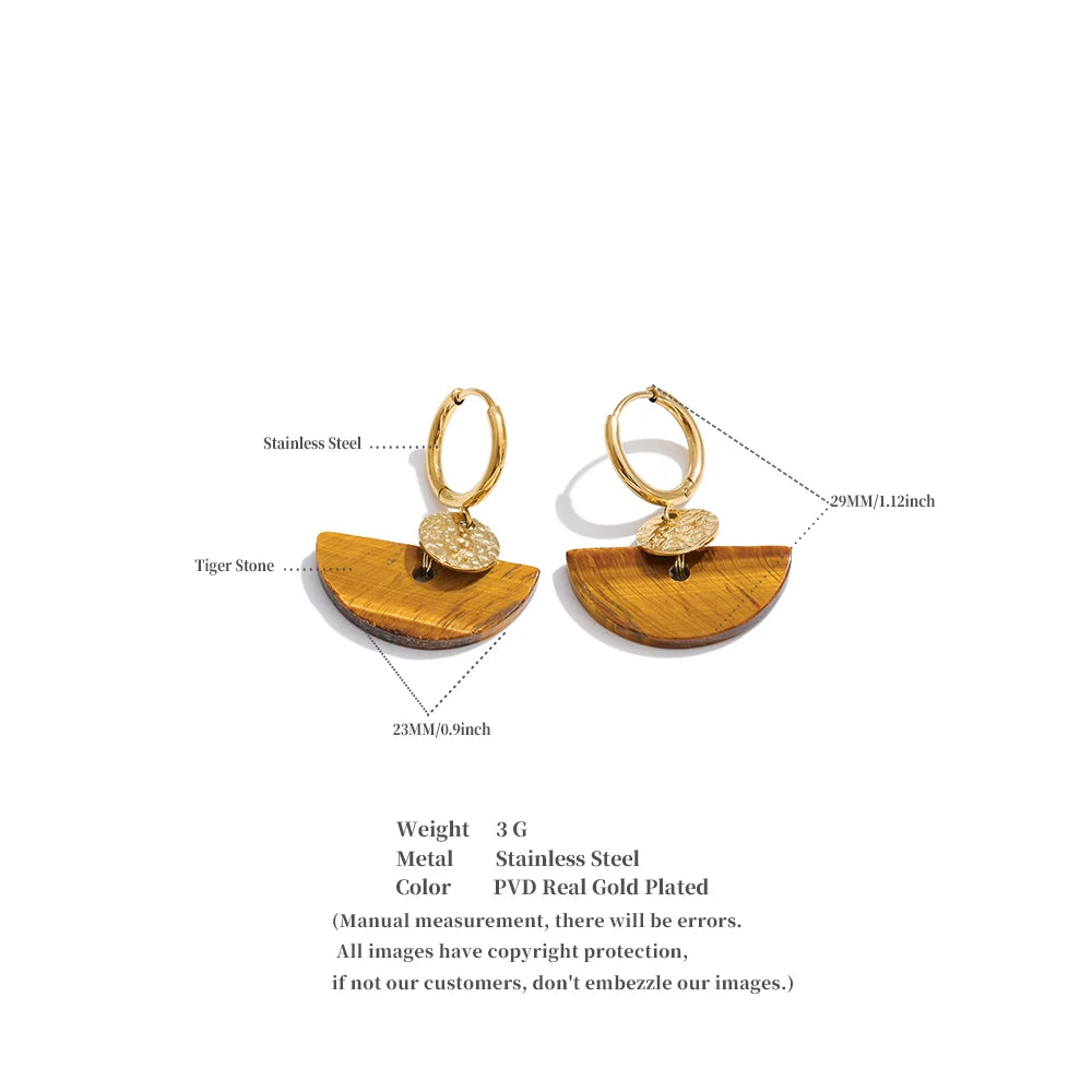 Yhpup Stainless Steel Fan French Drop Hoop Earrings High Quality Natural Tiger Agate Stone 2026 New Arrivals Daily Jewelry Gift