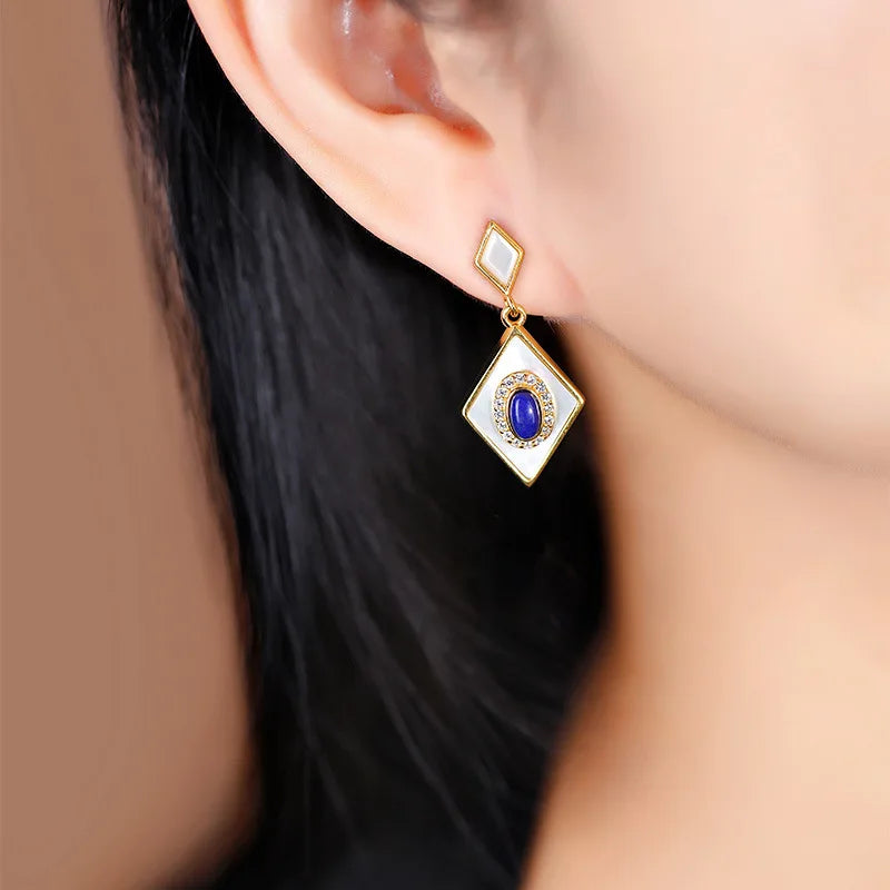 S925 Silver Lapis Lazuli White Shell Suit Earrings Necklace Pendant Light Luxury Fashion New Temperament Elegant Female