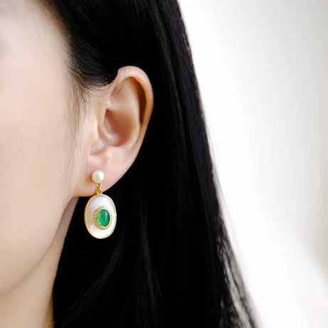 New style inlaid lapis lazuli artificial artificial fritillary earrings for women emerald vintage pearl wedding silver jewelry - Charlie Dolly