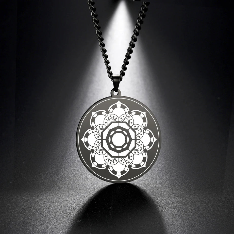 Lotus Chakra Mandala Pendant Necklace, Stainless Steel Buddhist Hindu Meditation Amulet