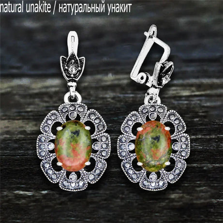 Vintage Plumflower Natural Jades Quartz Earrings For Women Antique Silver Plated Lapis Lazuli Tiger Eye Stone Fashion Earring - Charlie Dolly