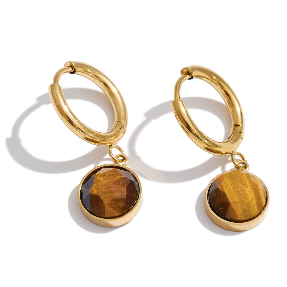 Yhpup Stainless Steel Tiger Natural Stone Red Agate Round Drop Charm Earrings France High Quality Classic Chic Fashion Jewelry