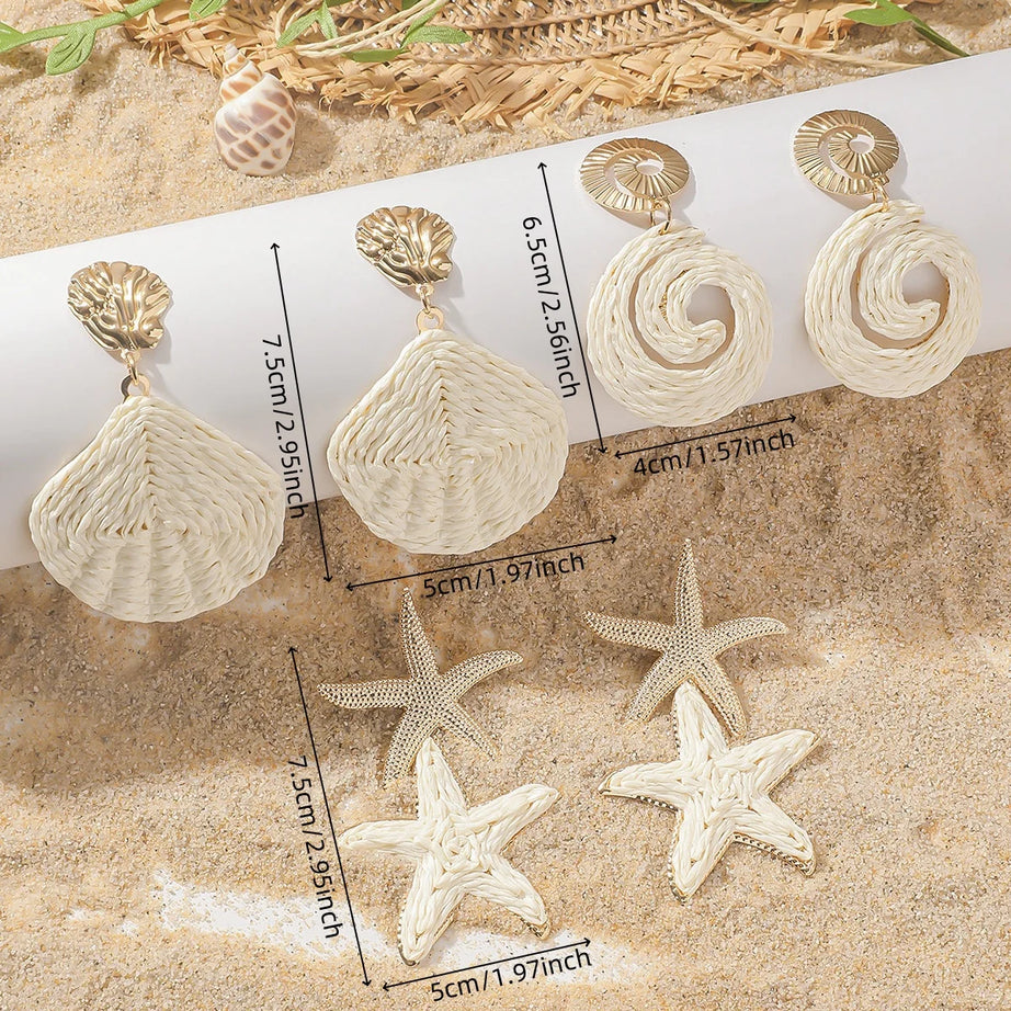Ocean Rattan Raffia Shell and Starfish Drop Earrings