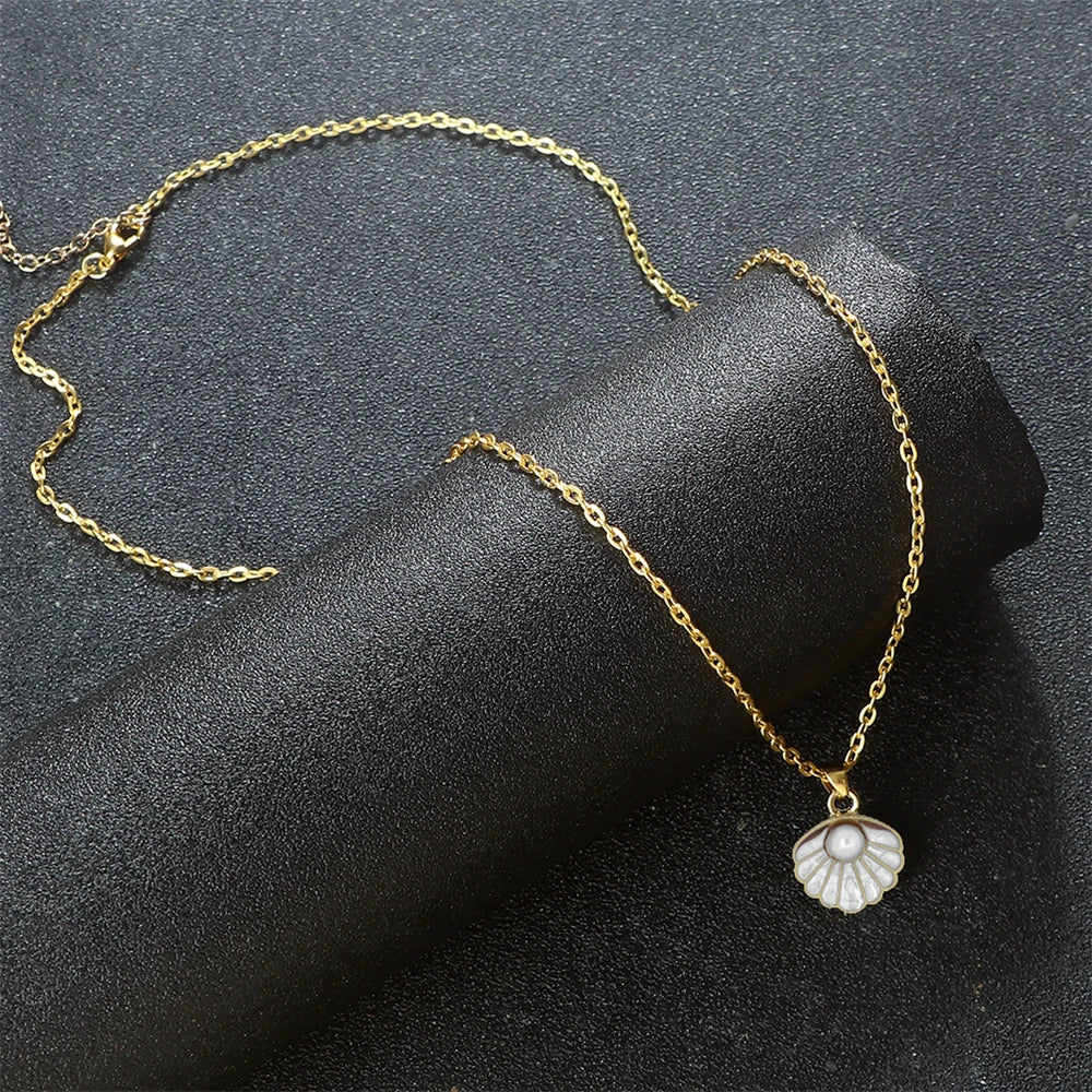 Boho Shell with Pearl Pendant Necklace Adjustable Alloy O-Chain Lobster Clasp Summer Seaside Beach Fashion Jewelry Gift For Girl