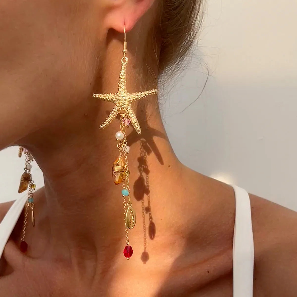 Ingemark Boho Starfish Jellyfish Imitation Pearls Crystal Long Tassels Earrings Women Trendy Piercing Drop Earrings Y2K Jewelry