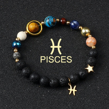 Eight Planets & Twelve Zodiac Beaded Bracelet, Natural Stone Cosmic Astrology Talisman