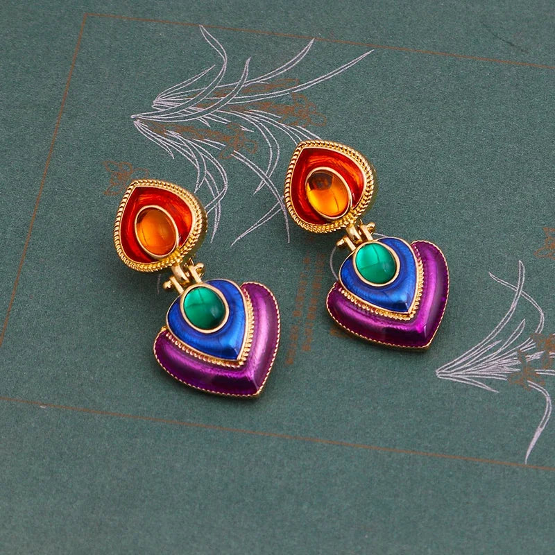 Boho Colorful Crystal Resin Heart Clip on Earrings Without Piercing for Women Charm Maxi Statement Earrings Ear Clips Jewelry