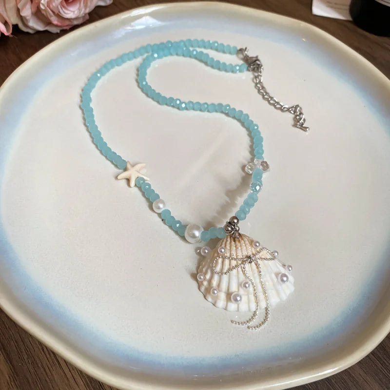 Boho Irregular Shells Tassel Earring Imitation Pearl Starfish Pendant Necklace Beach Vacation Style Fashion Women's Jewelry SetB