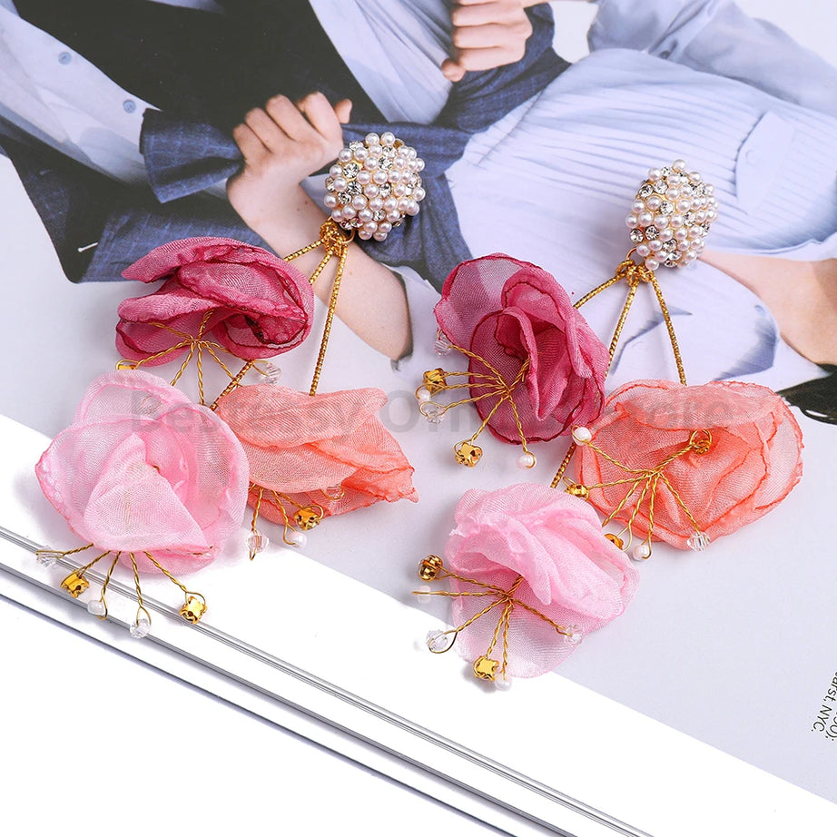 Cotton Flower Petal Beaded Tassel Earrings Jewelry