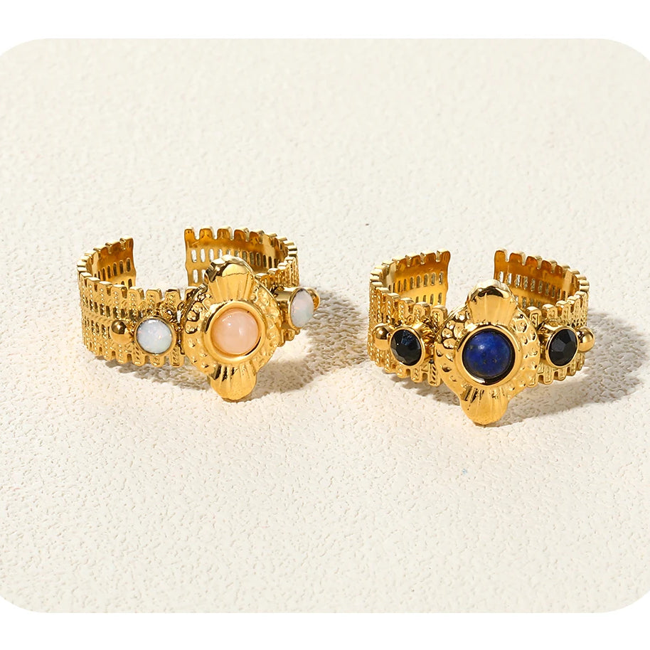 YACHAN Boho Vintage Stainless Steel Rings for Women Pink Natural Stone Lazurite 18K Gold Plated Aesthetic Trend Jewelry - Charlie Dolly