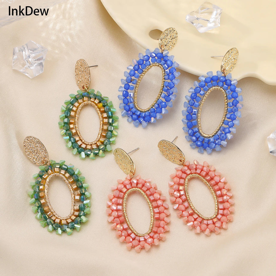 Oval Crystal Bead Big Long Drop Earrings Jewelry