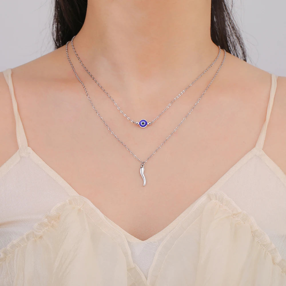 Dawapara Italian Horn and Blue Evil Eye Charm Necklace Double Layer Women Necklace Spiritual Protection Amulet Religious Jewelry