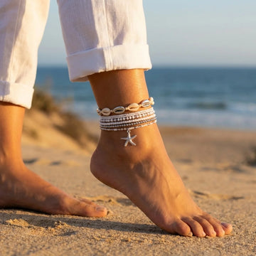 Multilayer Metal Starfish Tassel Shell Rice Beads Anklet Set For Women Men Boho Beach Vacation Foot Chain Ankle Bracelet Jewelry