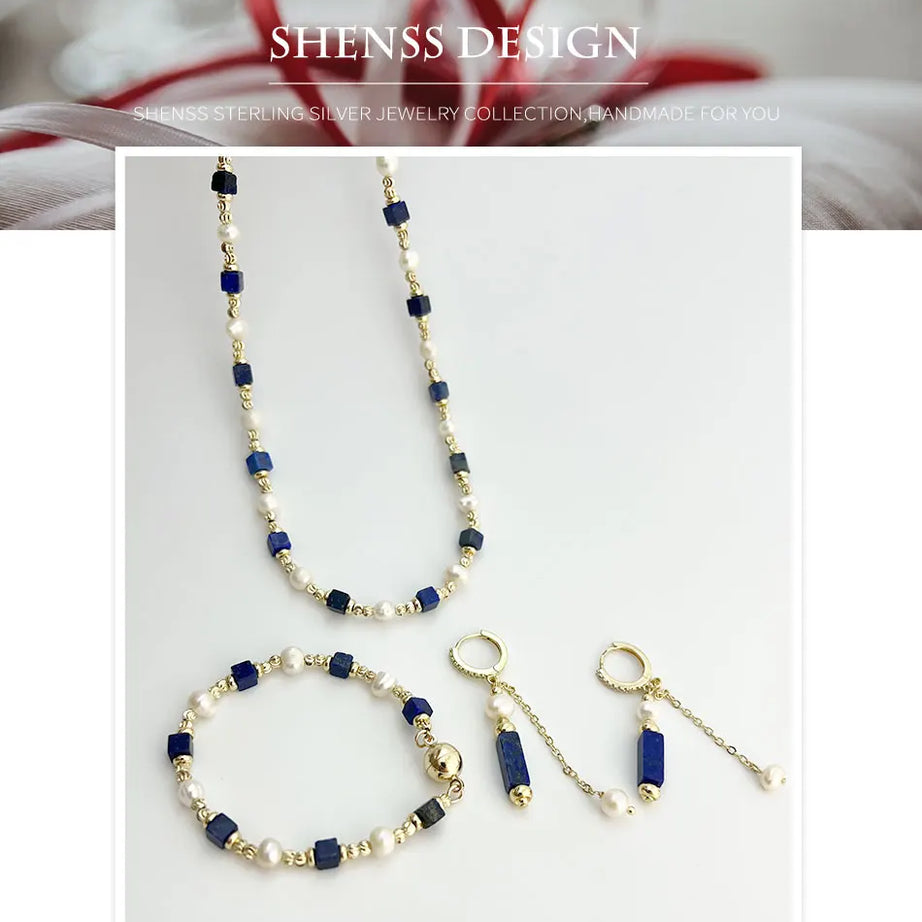 Natural Freshwater Pearl Necklace 4X4 lapis lazuli Bracelet Earring Plated 14K Gold Accessories - Charlie Dolly