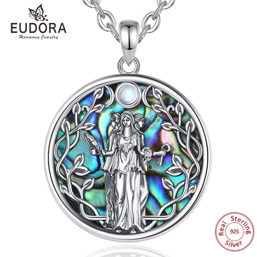 Eudora 925 Sterling Silver Triple Moon Goddess Necklace for Women Hecate Amulet Pendant Natural Abalone Jewelry Personality Gift