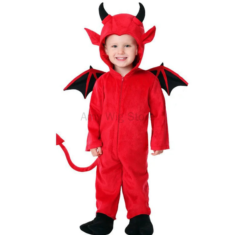 Kids Baby Red Devil Costume Unisex Child Cosplay Costume Jumpsuit Halloween Boy Monster Girls Bat Performance Costume School - Charlie Dolly