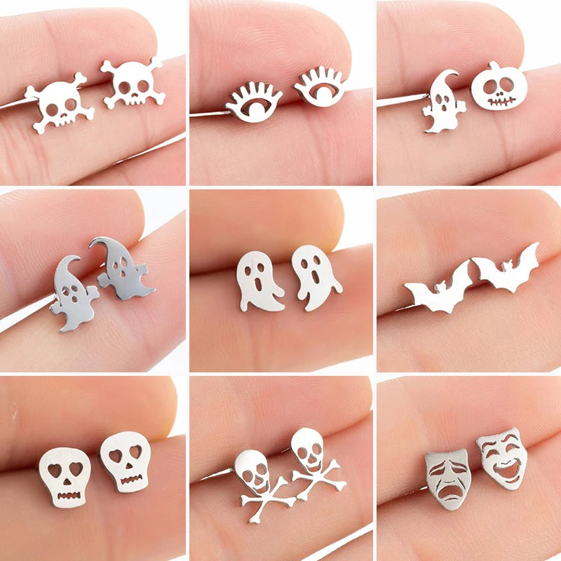 Punk Ghost Pumpkin Earrings for Women Men Stainless Steel Ear Studs Halloween Jewelry Eyes Skull Earrings Thanksgiving Gift - Charlie Dolly