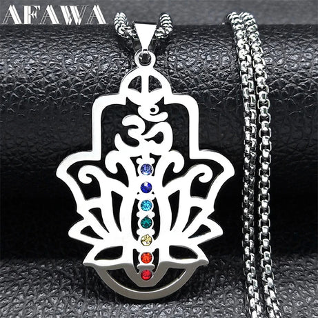 Seven Chakra Om Lotus Flower Pendant Necklace, Stainless Steel Yoga Healing Amulet