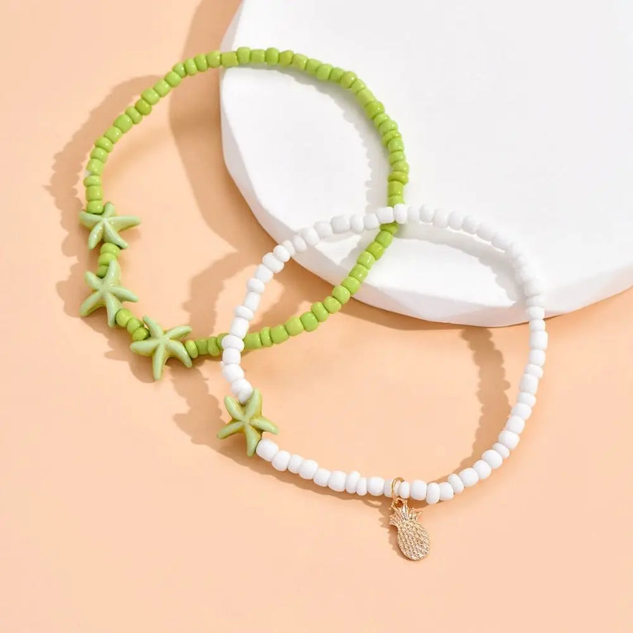 Starfish, Conch Shell and Flower Bead Boho Anklet