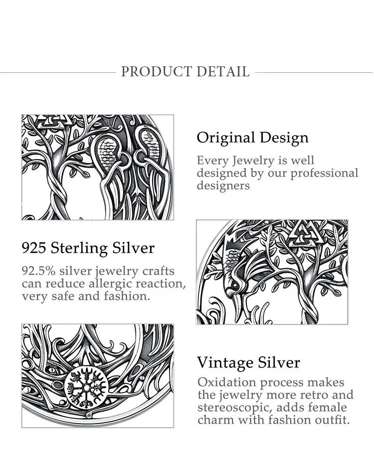 Eudora 925 Sterling Silver Phoenix Necklace Vintage Compass Tree of Life Pendant Viking Amulet Jewelry Party Gift for Women Men