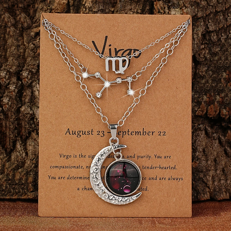 Zodiac Moon Glow Pendant Necklace Set of 3 with Birthstone Cards, Bestie & BFF Gift