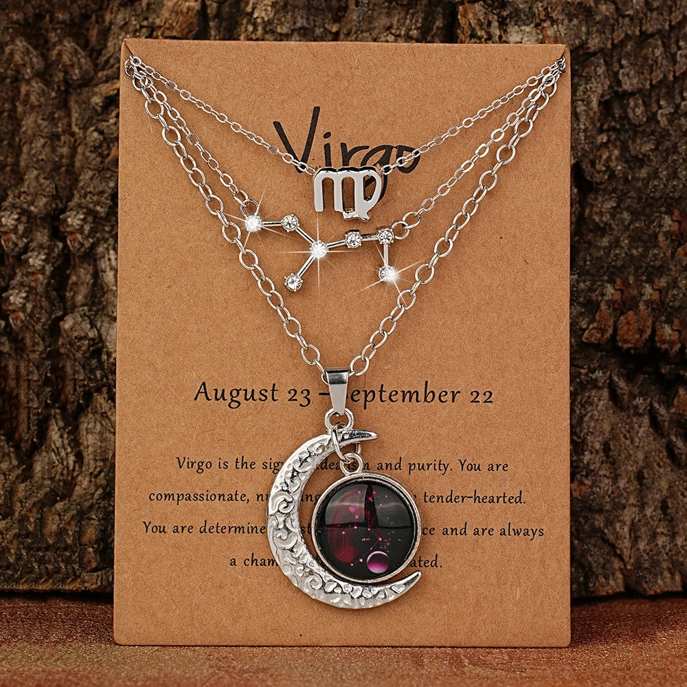 3 Pieces/Set Zodiac Retro Moon Glow Pendant Necklace Set with Birthstone Cards, Birthday Gift for Besties and BFFs