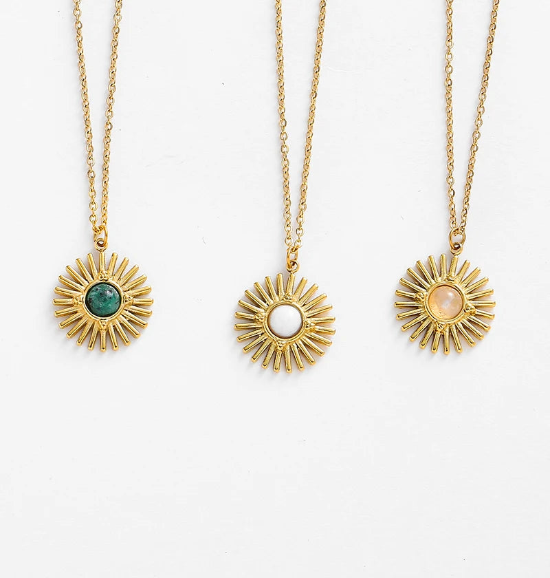 Boho Natural Stone Sun Flower Necklace for Women Bohemian Retro Stainless Steel Necklace Choker Necklaces Fashion Jewelry
