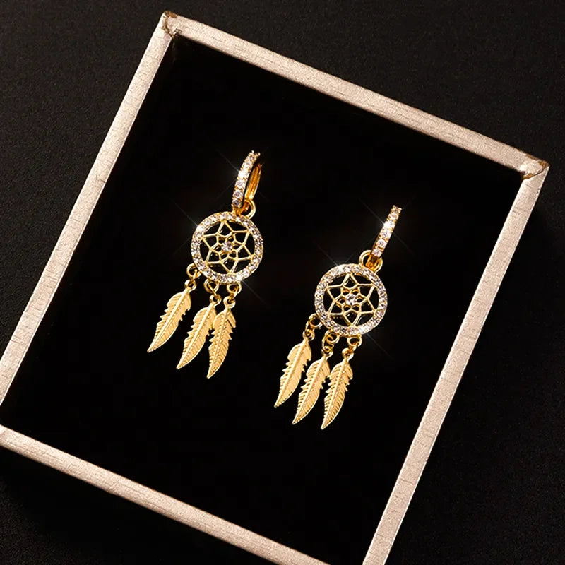 YILUOCD Exquisite Dream Catcher Dangle Earrings for Women Boho Feather Tassels Drop Earrings Geometric AAA Zircon Ear Jewelry