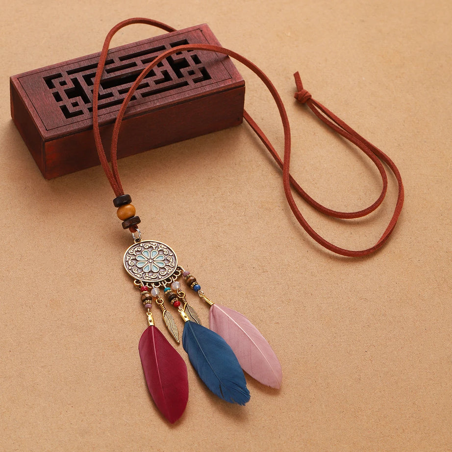 Rope Bead Feather Pendant Long Necklace Jewelry