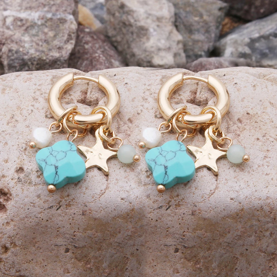 Pendant Earrings For Woman Boho Natural Stone Clover Malachite Powder Crystal Bohemia Charm Ear Luxury Quality Jewelry Girls - Charlie Dolly