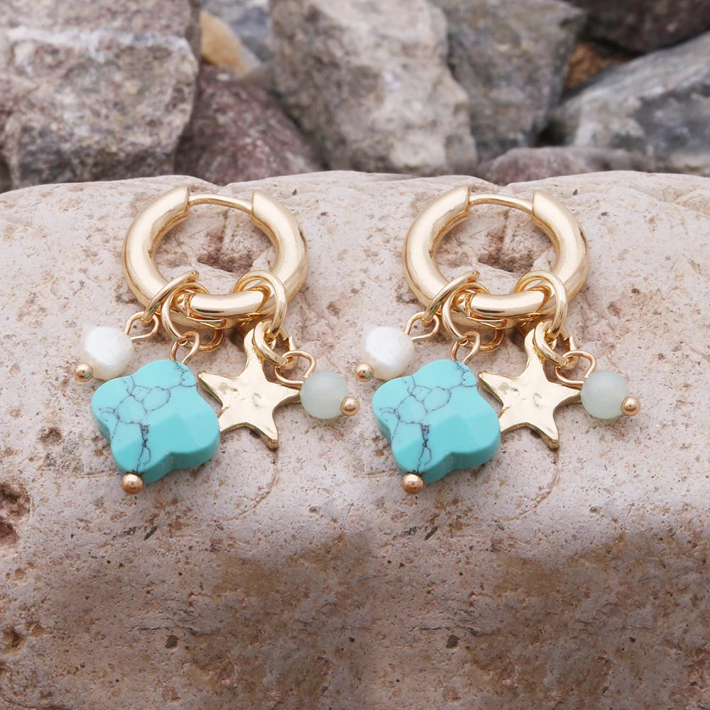 Pendant Earrings For Woman Boho Natural Stone Clover Malachite Powder Crystal Bohemia Charm Ear Luxury Quality Jewelry Girls