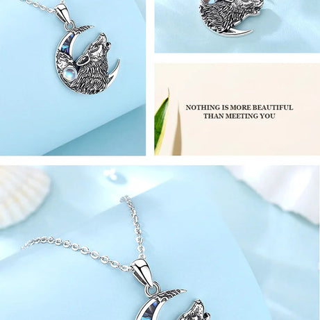 Wolf on the Moon Necklace with Moonstone, S925 Sterling Silver