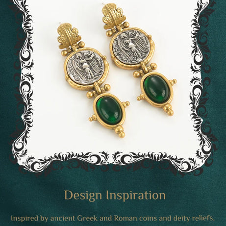 Vintage Emerald Green Stone Dangle Earrings, Antique Gold Coin Boho Jewelry