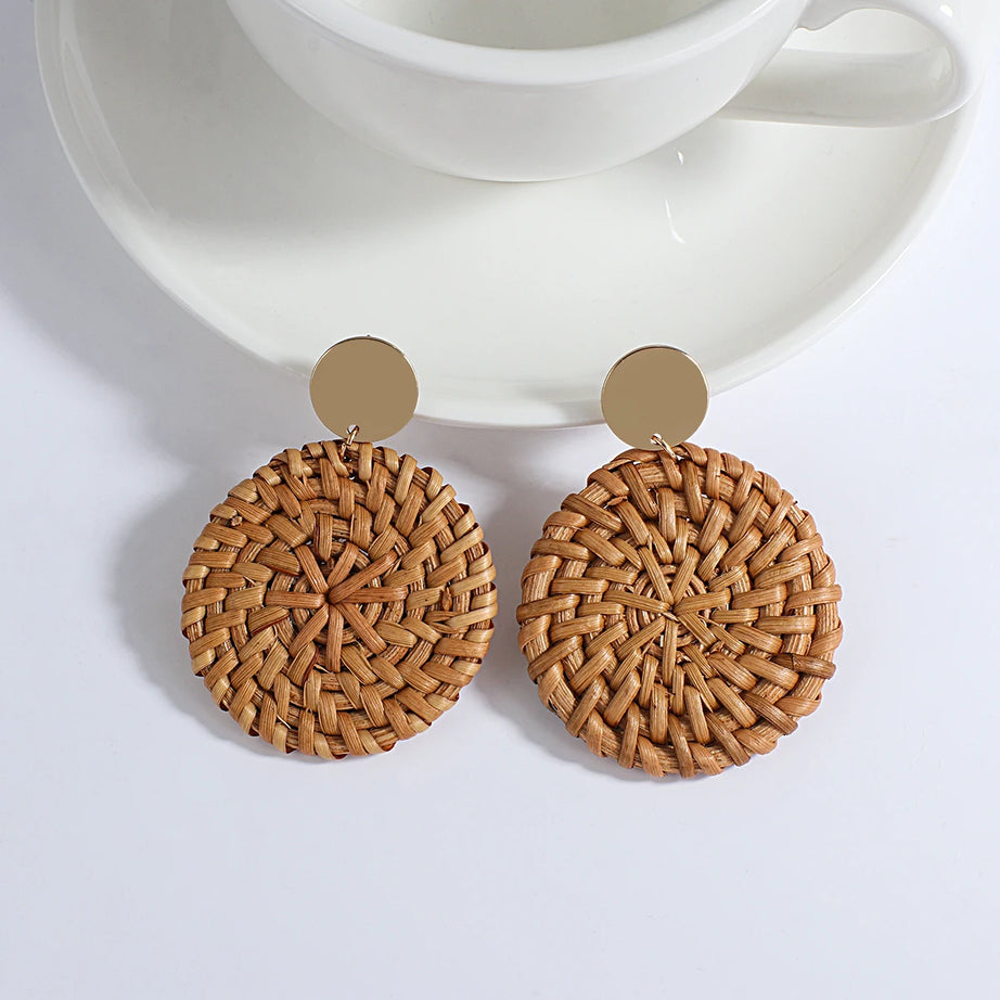 Wooden Rattan Braid Geometric Drop Earrings Jewelry