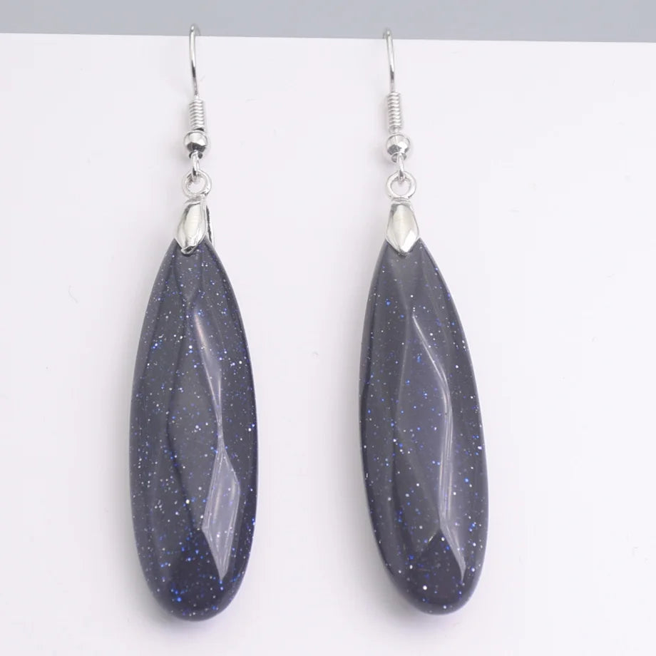 Silver Plated Long Water Drop Section Lapis Lazuli Pink Quartz Stone Hook Drop Earrings Elegant Women's Earring Fashion Jewelry