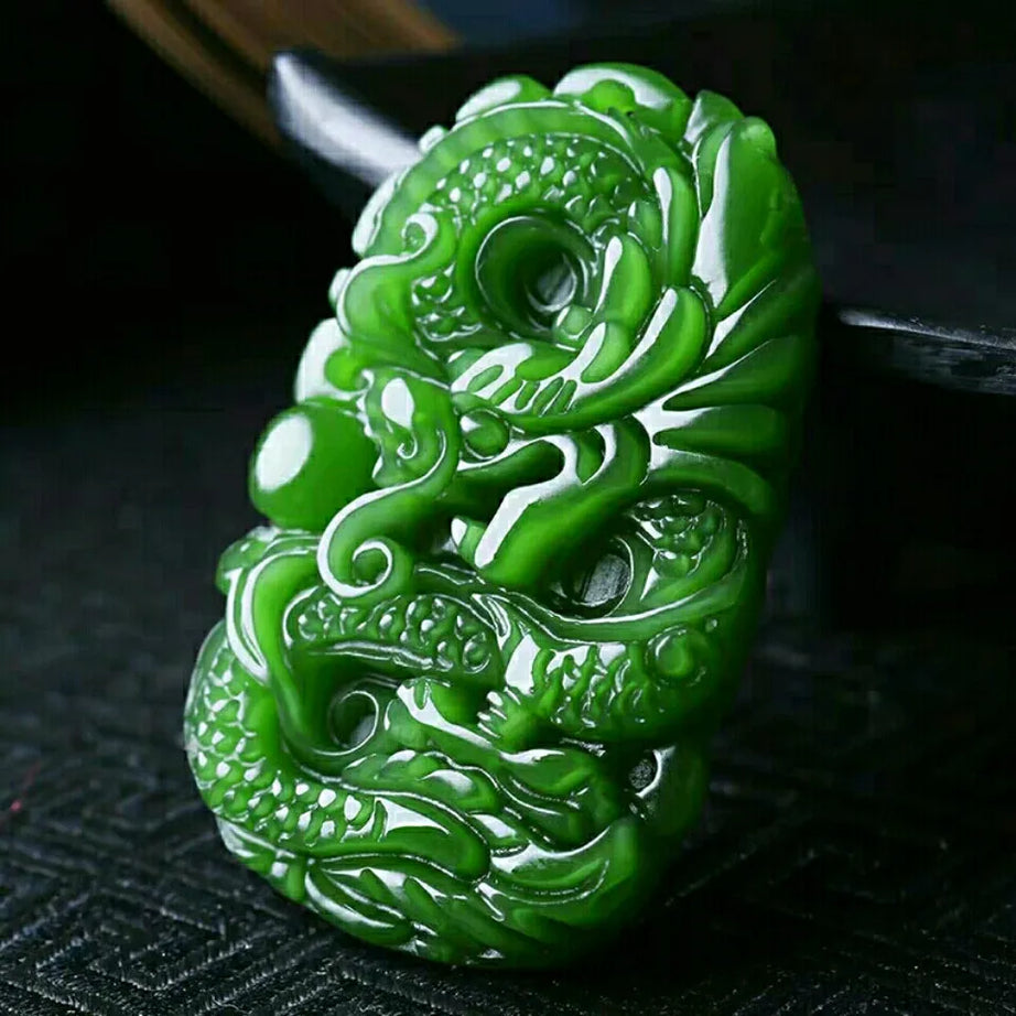 Green Hetian Jade Dragon Pendant, Natural Jasper Lucky Amulet Necklace