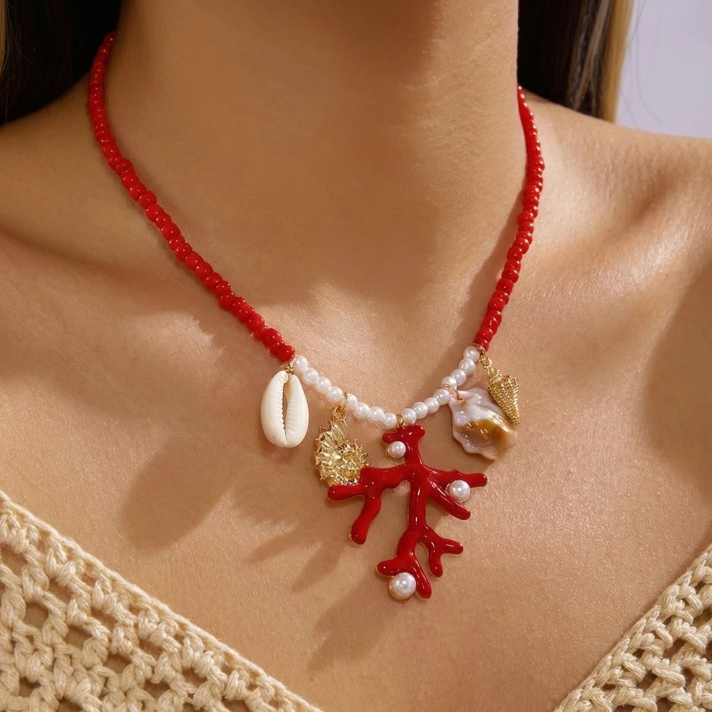 Coral Shell Starfish Sun Rice Bead Pendant Necklace for Women Boho Choker Chain Creative Jewelry Fashion Beach Vacation Gift