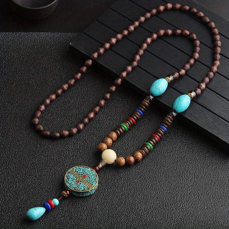 Nepal Wood Bead Fish Horn Pendant Necklace Jewelry