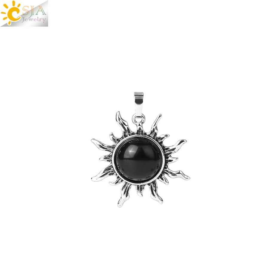 CSJA Vintage Sun Flower Pendant Natural Stone Crystal Necklace Genuine Round Amethysts Pink Quartz Obsidian Lapis Lazuli H120 - Charlie Dolly