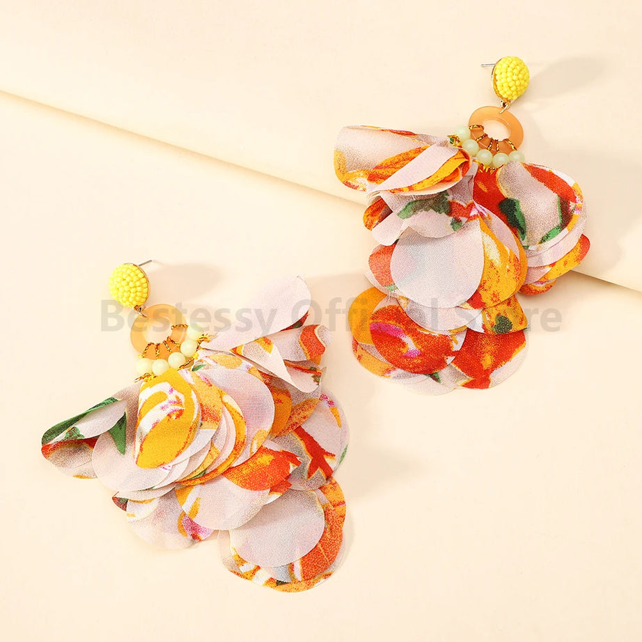 Cotton Flower Petal Beaded Tassel Earrings Jewelry