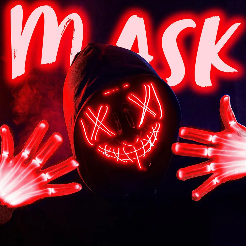Halloween Mask Skeleton Gloves Set Light Up Scary LED Mask with Glow Anonymous Carnival Costumes glow purge Masks for Boys Girl - Charlie Dolly
