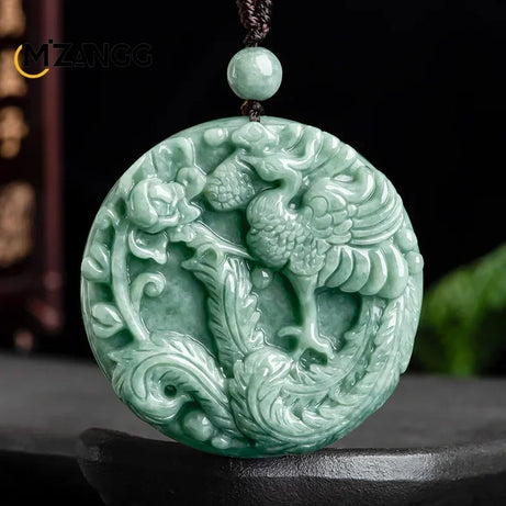 Myanmar Jadeite Phoenix & Peony Double-Sided Carved Pendant Necklace, Luxury Amulet