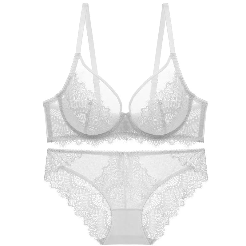 Logirlve Sexy Brassiere Transparent Ultrathin Bra Panty Set Push up Embroidery Underwear Set Plus Size Bras Women Lace Lingerie - Charlie Dolly