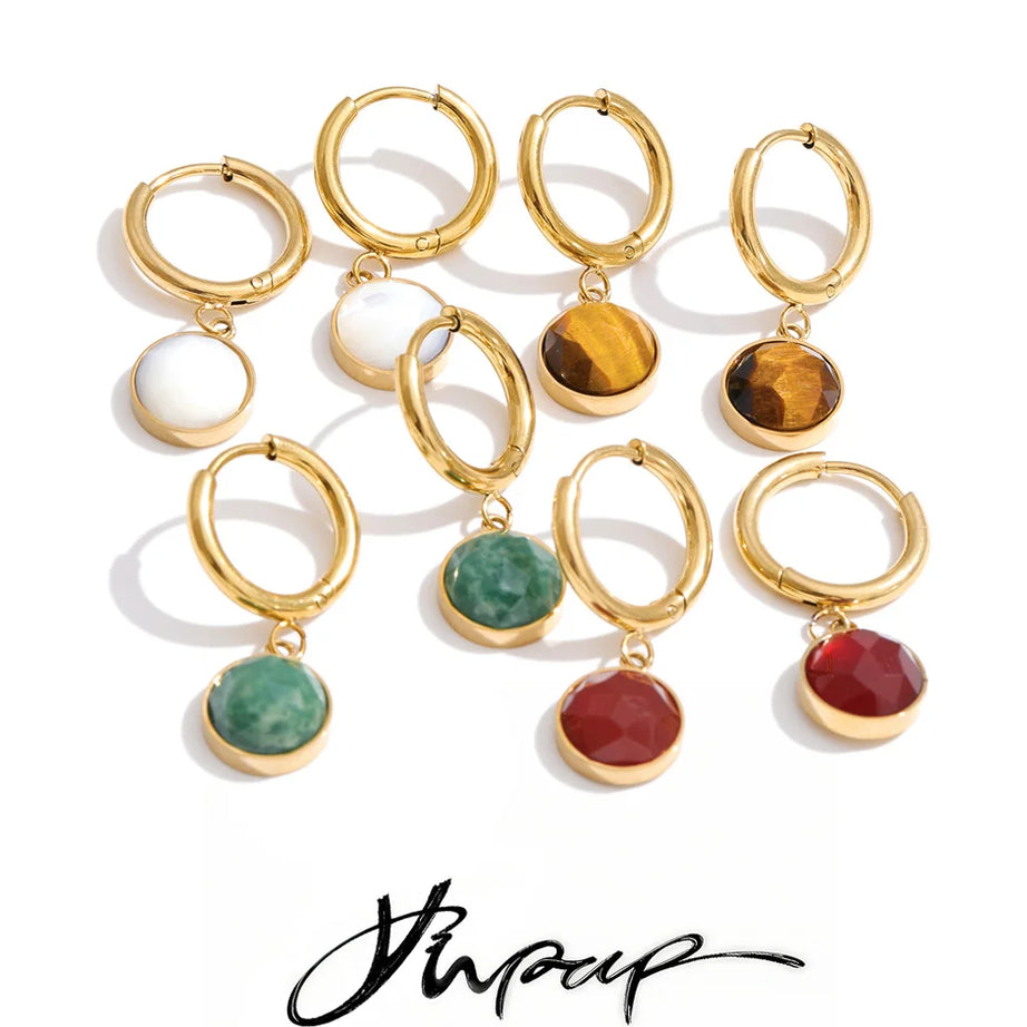 Natural Stone Round Drop Earrings, Tiger Eye Red Agate Stainless Steel Jewelry